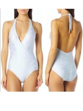 Carmen Marc Valvo Wild-Story Silver Foil Plunge Wrap Halter Swimsuit Size 8 NWT